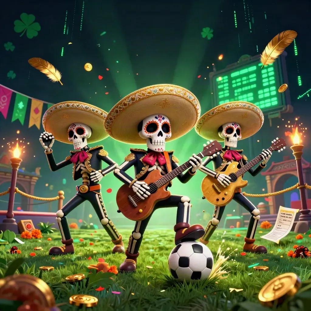 Skeleton mariachi trio kicking a soccer ball with gold sparks, turf spray, and casino effects.