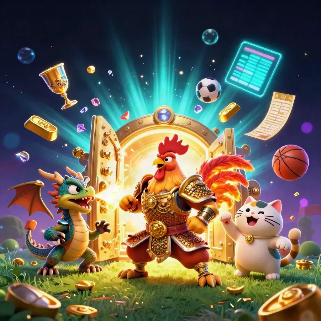 Rooster warrior, dragon hatchling, and lucky cat burst through a gold vault with sports balls and glowing loot.