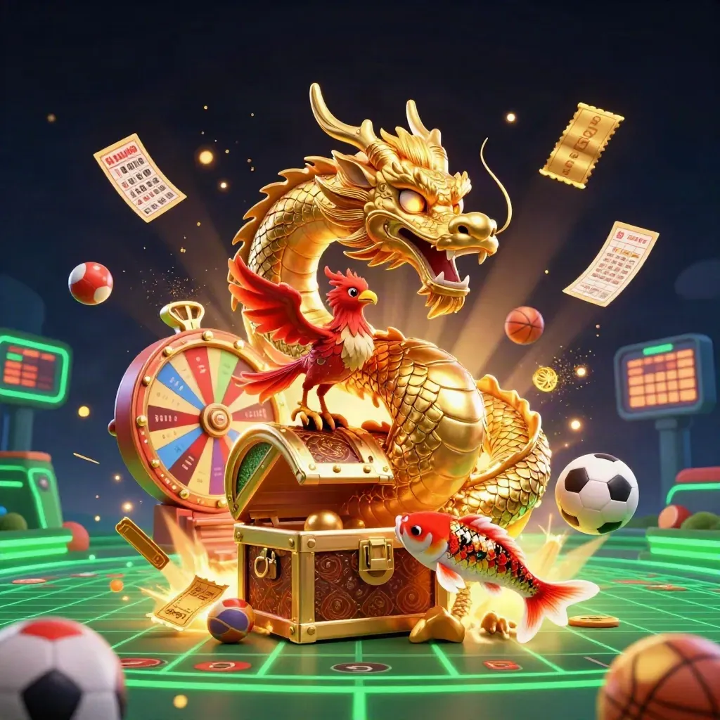 Golden dragon, phoenix and koi burst through neon haze with casino symbols and flying sports balls.