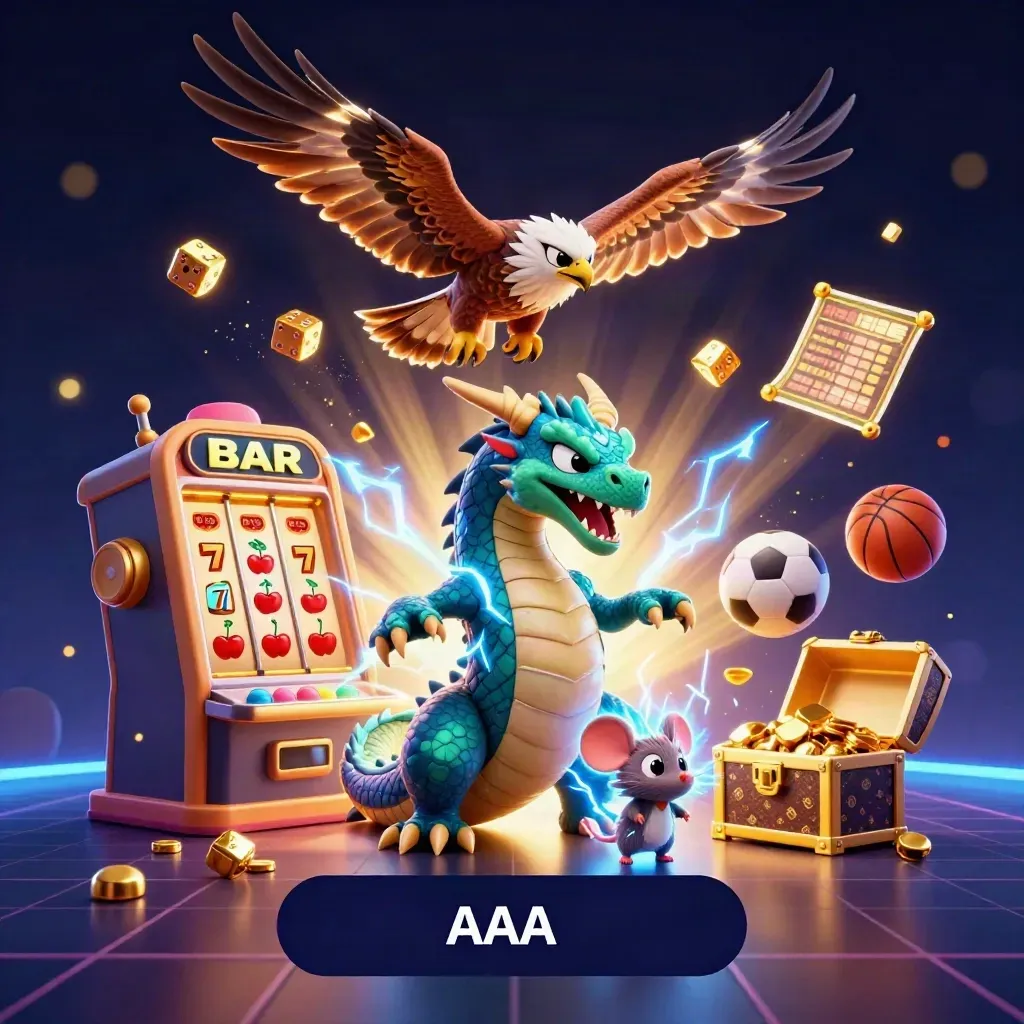 Thunder dragon, wind hawk and spark mouse erupt from a glowing slot machine with gold and neon green