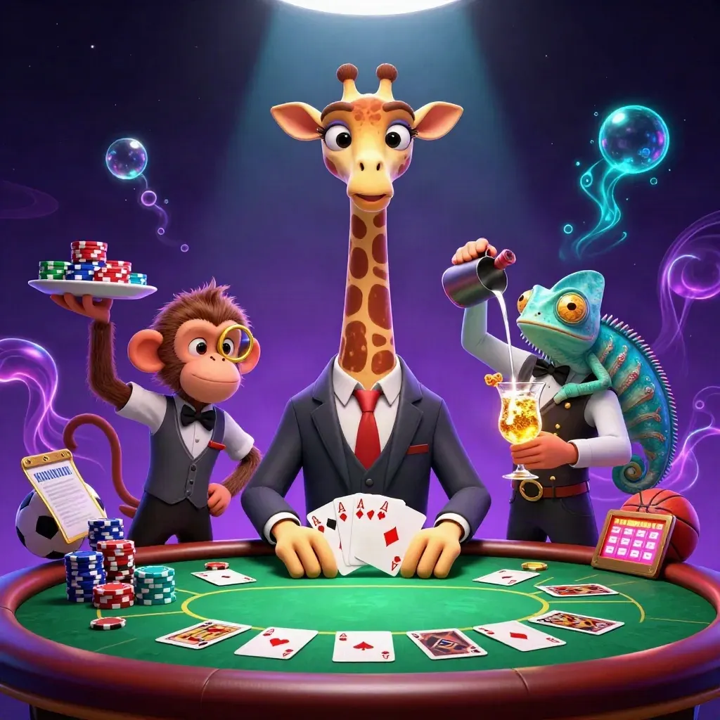 Giraffe, monkey, and chameleon in a neon casino scene with cards, chips, and glowing effects.