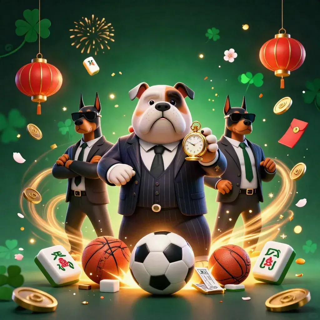 Bulldog mob boss and Dobermans amid casino sports props, gold coins, lanterns, and fireworks.