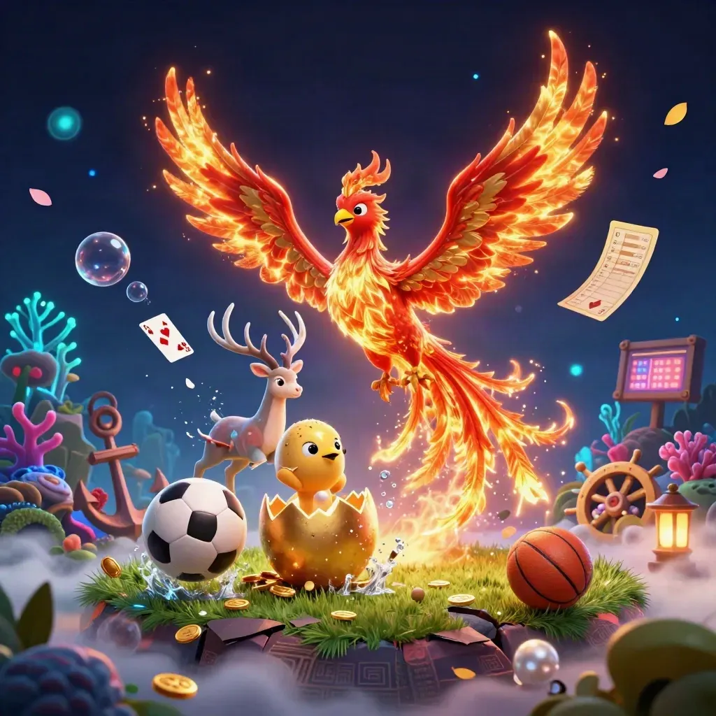 Phoenix, stag and treasure-cove casino fantasy with balls, cards and glowing light.