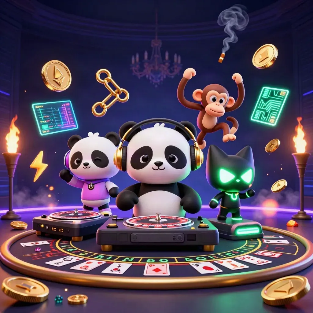 Three cartoon casino heroes in a neon luxury room with coins, smoke, and glowing tech effects
