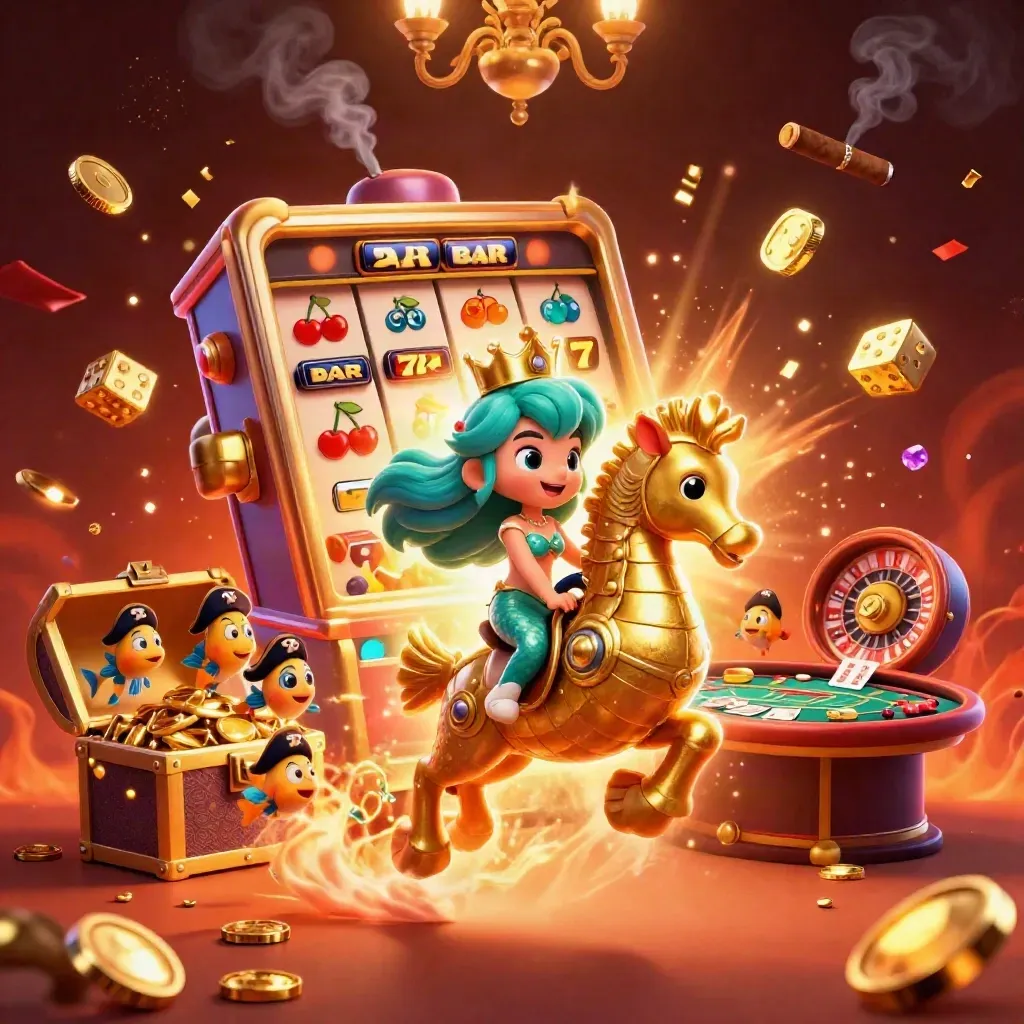 Mermaid princess on a seahorse amid slot bursts, dice, roulette and glittering casino lights.