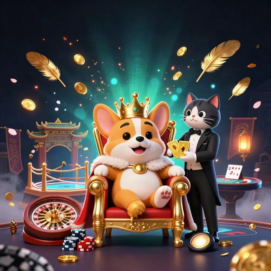 Royal corgi and cat butler in a luxe casino scene with glowing gold accents.