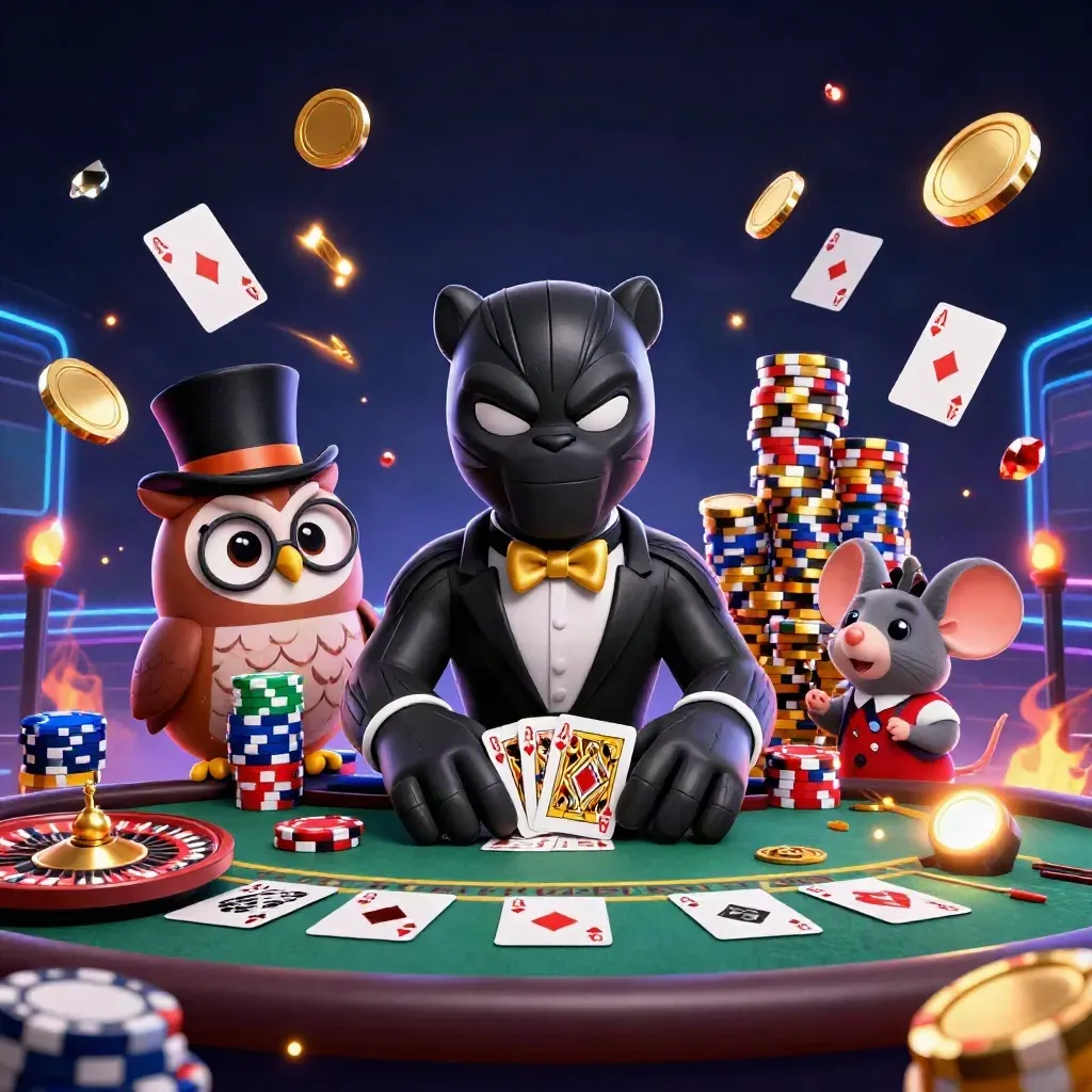 Panther, owl, and mouse in a luxe casino burst with coins, cards, chips, and a spinning wheel.