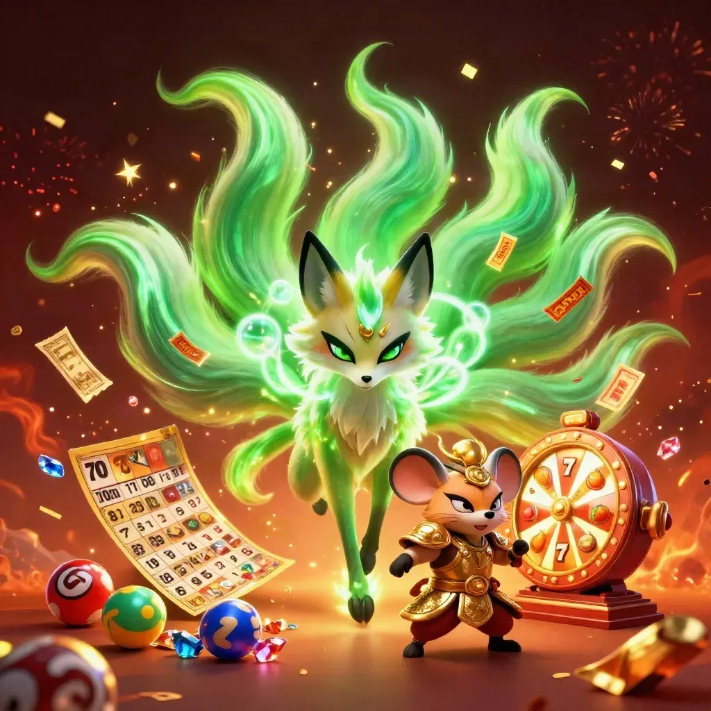 Nine-tailed fox spirit and armored mouse amid casino bursts, fire glow and green-gold magic.
