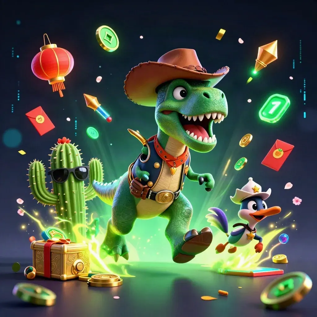 Cowboy T-Rex, cactus sidekick, and sheriff roadrunner amid neon casino treasure bursts.