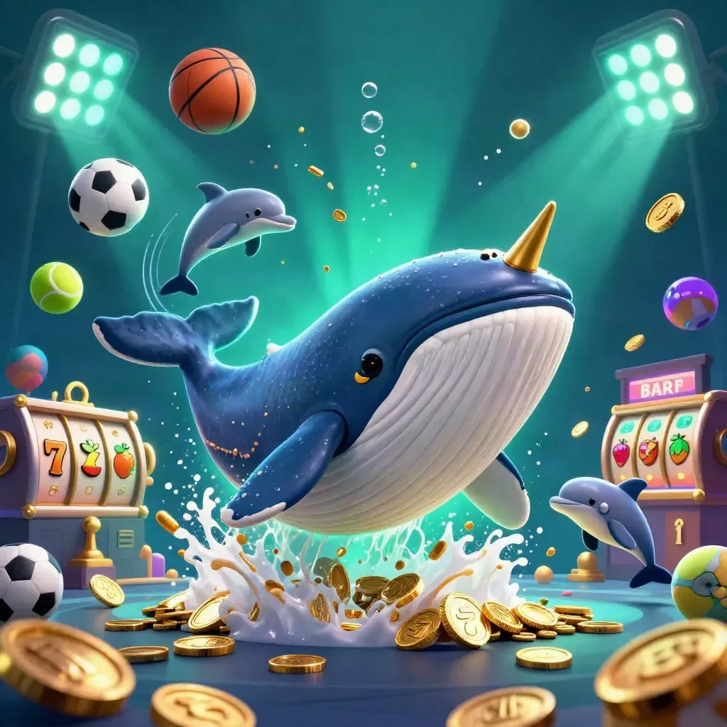 Whale captain, narwhal and dolphins burst through coins with sports balls and neon casino glow.