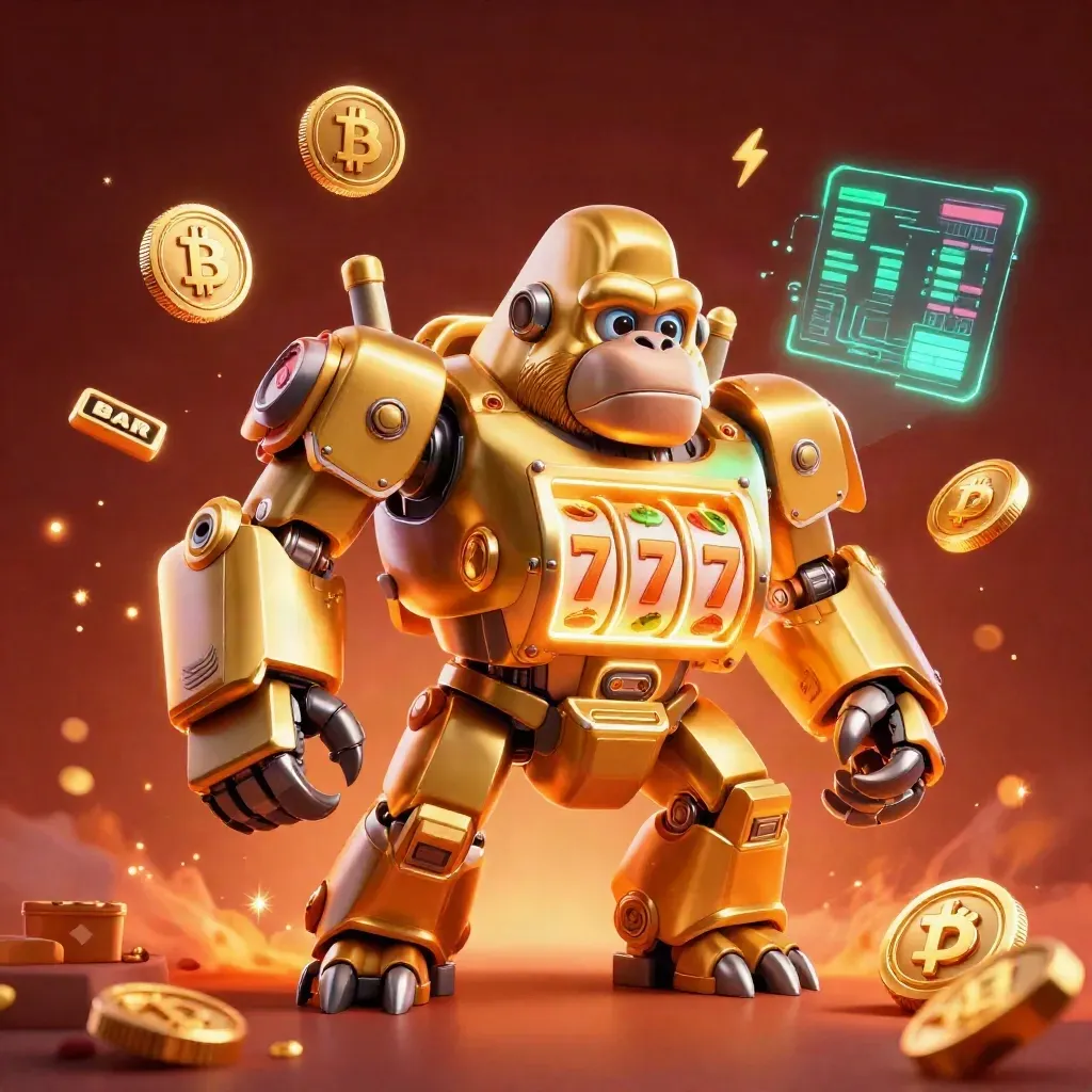 Golden gorilla mech with tiny monkey pilot, coins and lightning bursting on a dark ember-lit casino background.