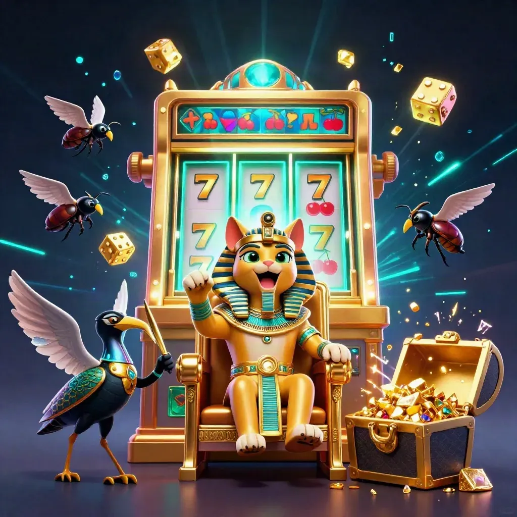 Pharaoh cat on a gold throne amid a bursting slot machine, ibis scribe, scarabs, and flying gold