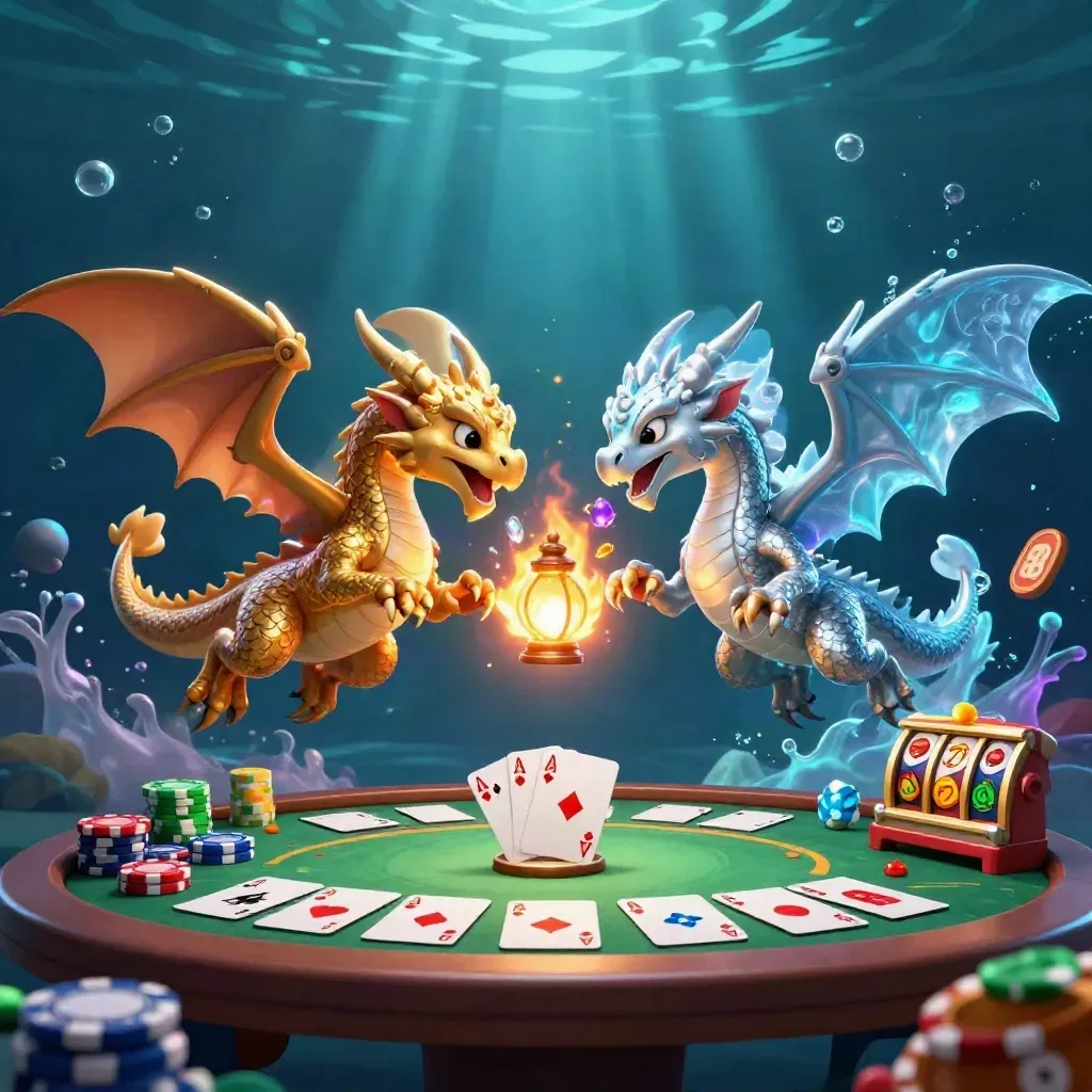 Twin dragons swirl over a neon underwater casino scene with chips, cards, reels, and glowing treasure.