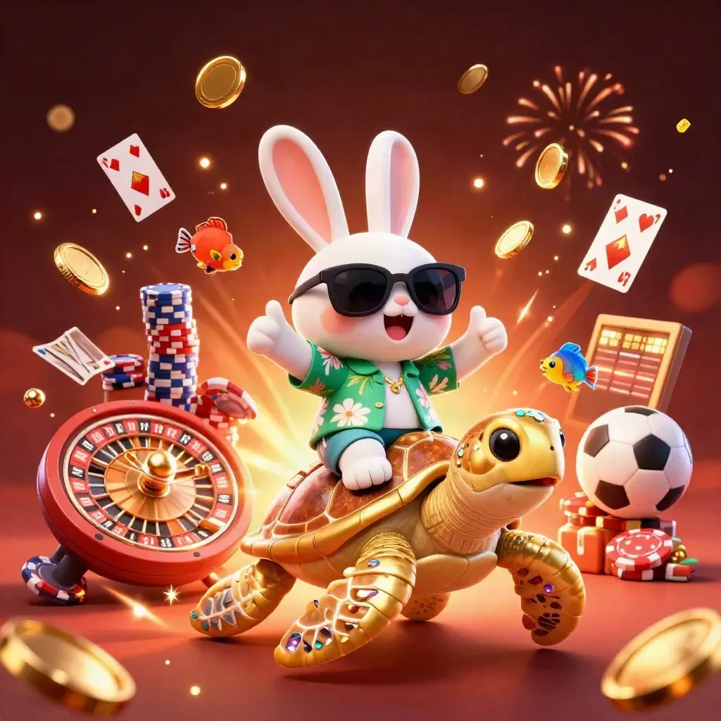 Lucky rabbit on gem sea turtle amid coins, roulette wheel, cards, chips, and fireworks.