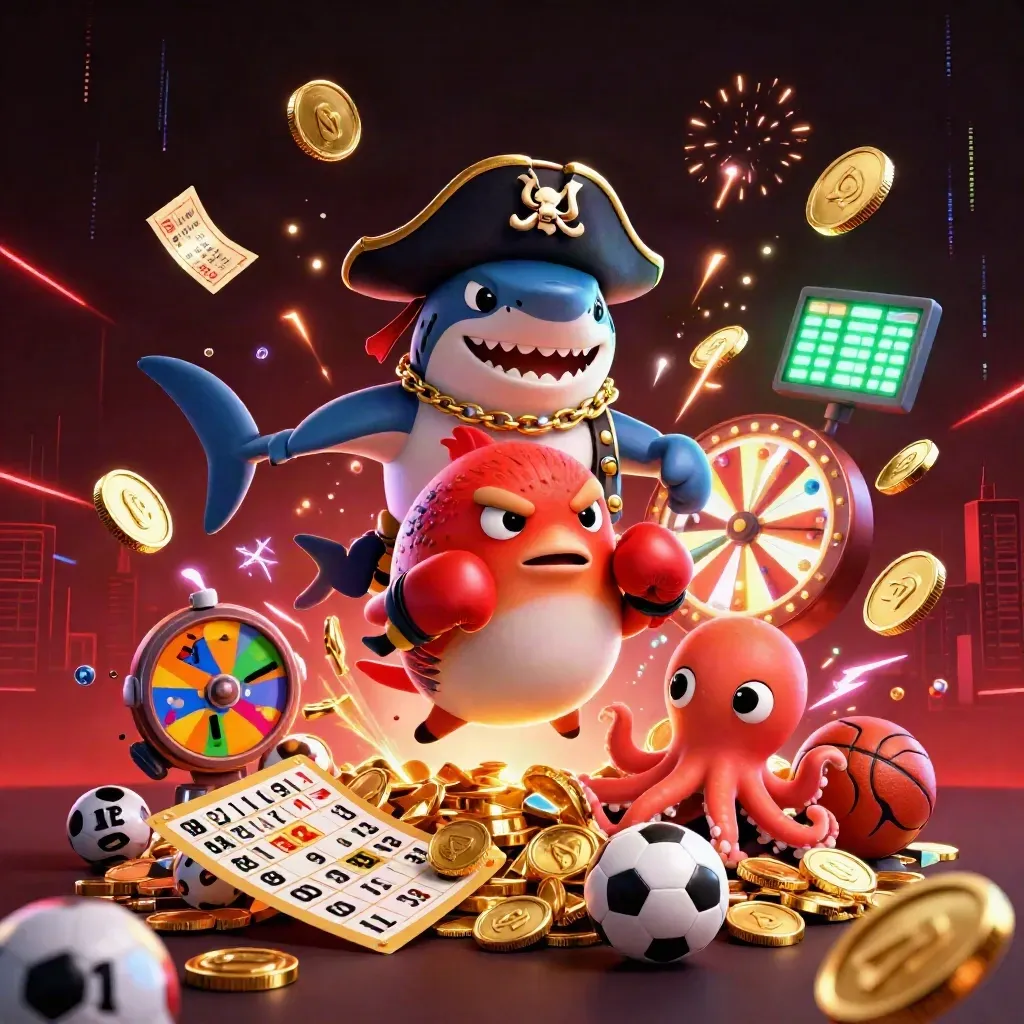 Pirate shark, boxing pufferfish, and coin-juggling octopus amid casino fireworks and gold