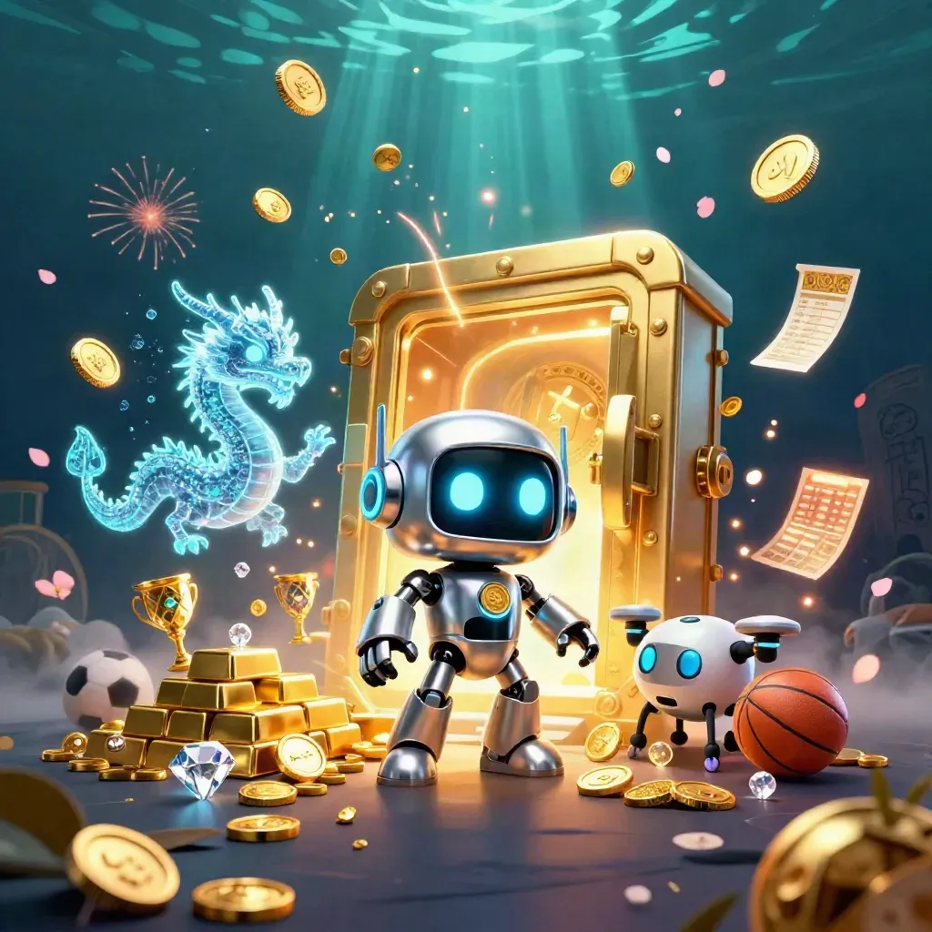 Cyberpunk robot, holographic dragon and coin drone amid a bursting vault, coins and fireworks.