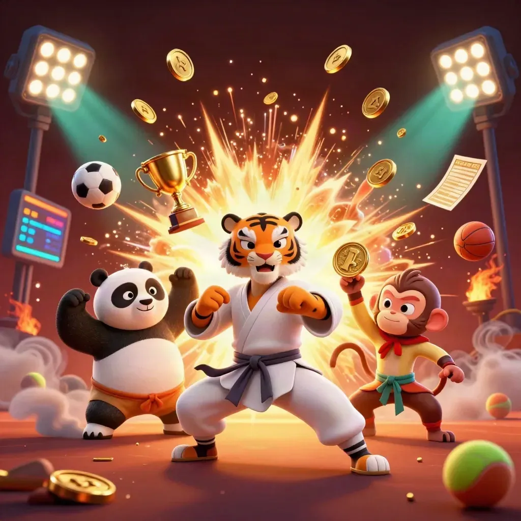 Kung-fu tiger, panda, and monkey amid coins, sports balls, trophy, and fireworks
