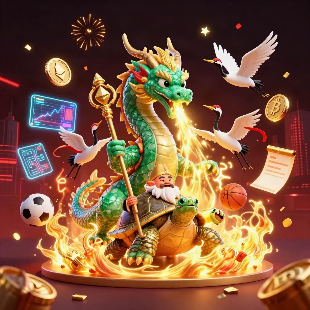 Emerald dragon, turtle sage, and cranes amid coins, fireworks, and casino energy.
