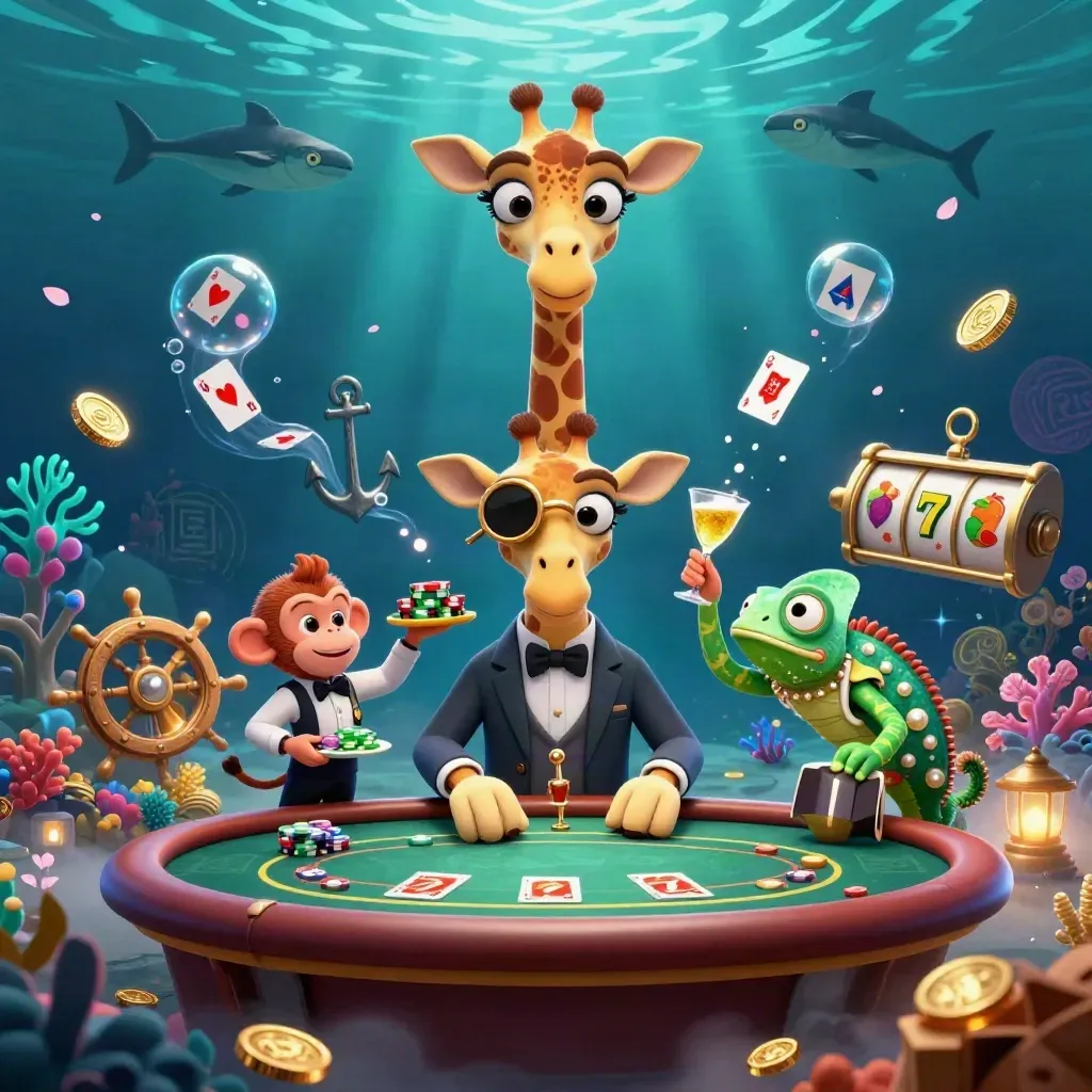High-roller giraffe, monkey valet, and chameleon bartender in a neon underwater casino treasure cove.