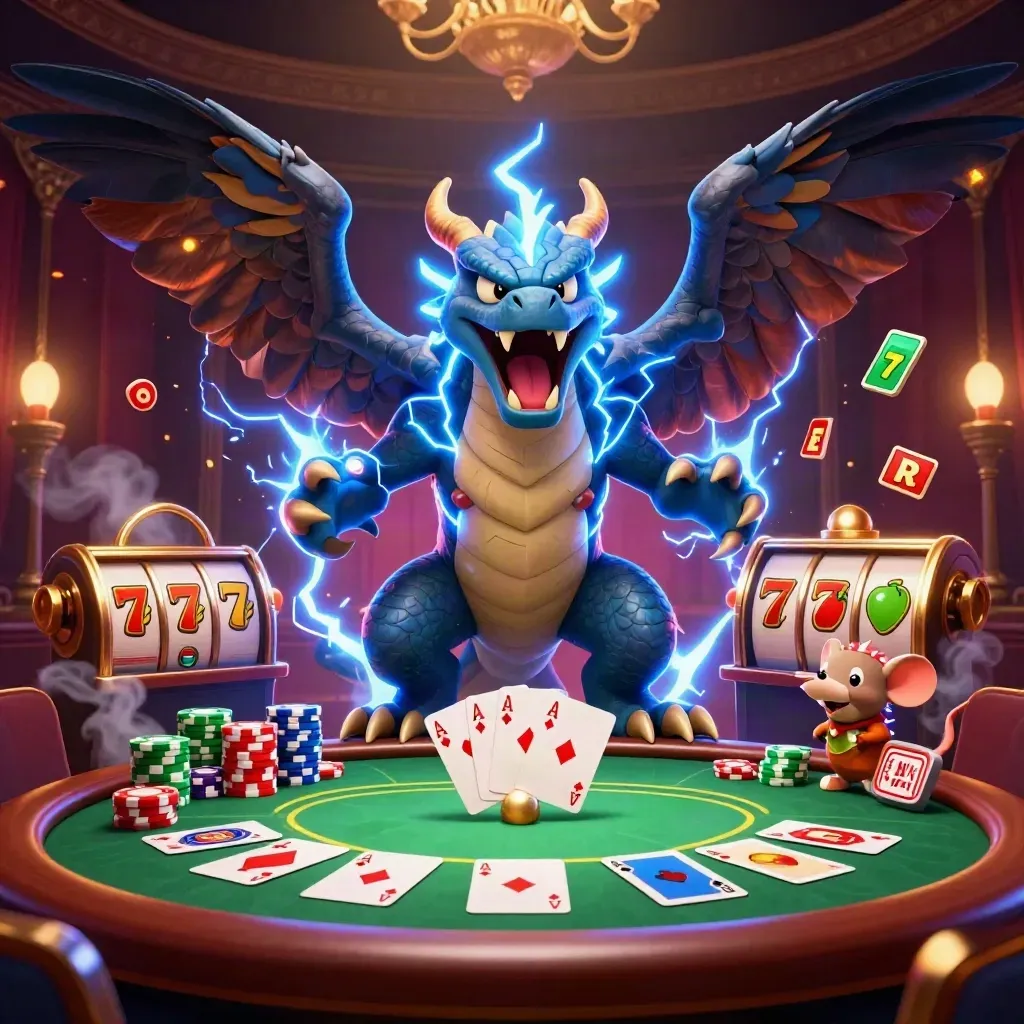 Thunder dragon, wind hawk, and static mouse amid casino chips, cards, reels, and gold damask glow.