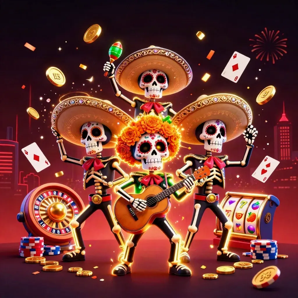 Three festive skeleton mariachi mascots amid coins, roulette wheel, chips, and neon casino effects.