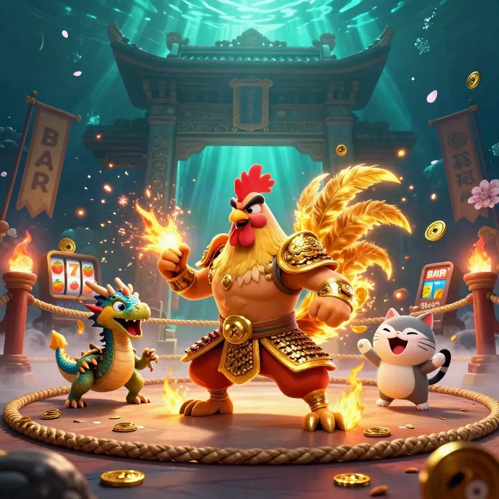 Rooster samurai, spark-breathing hatchling and fortune-cat amid casino relics and neon effects.