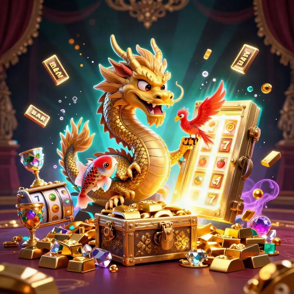 Golden dragon with phoenix and koi amid treasure, vault light, gems, reels, and casino glow.