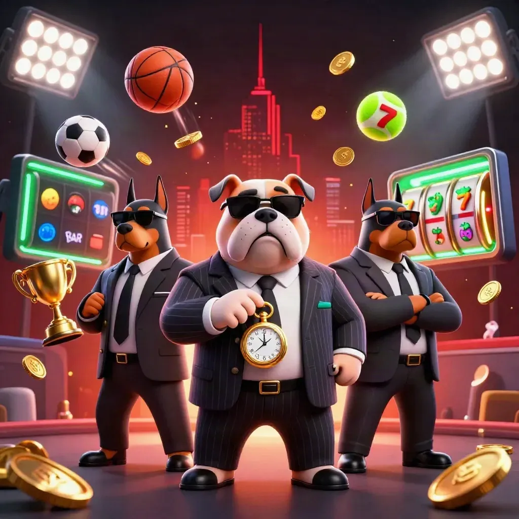 Mafia bulldog and Doberman guards in casino action with flying balls, coins, and neon lights.
