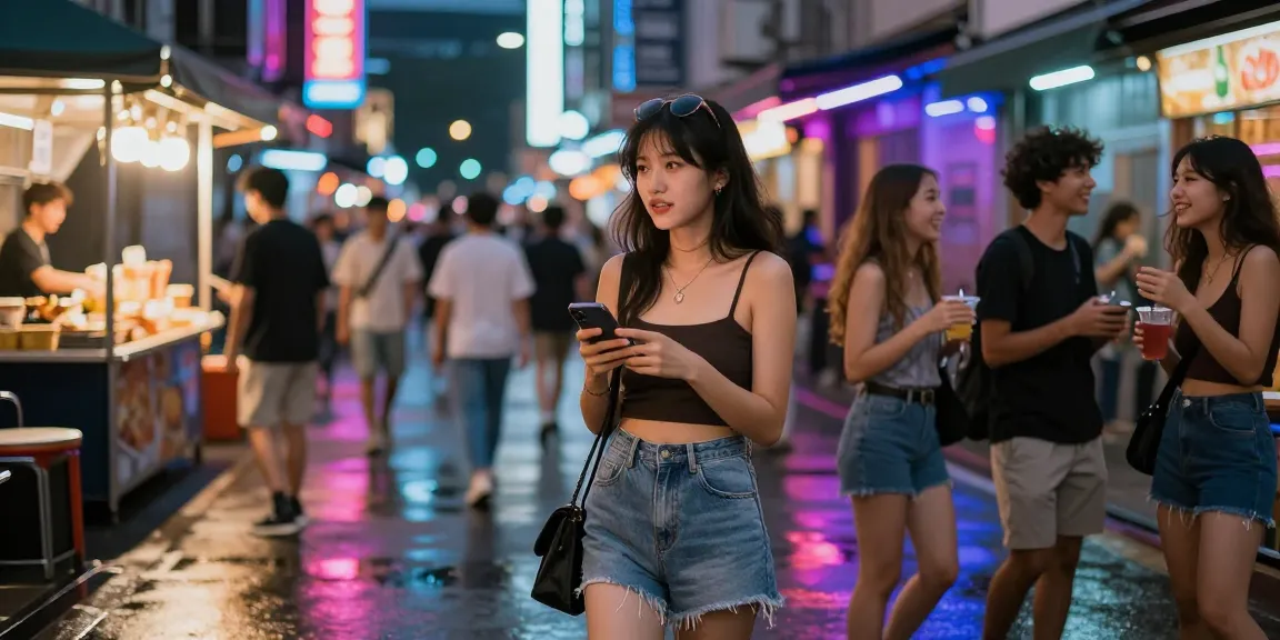 Gái gọi trong không gian phố đầy ánh đèn neon và sự sống động, tận hưởng cuộc sống về đêm.
